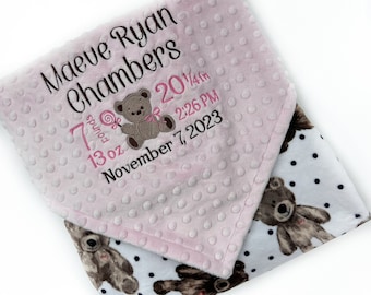 Birth Stats Baby Blanket, Pink Teddy Bear Minky, Personalized Baby Blanket, Blanket, Personalized Gift for Baby Girl, Keepsake Baby Gift