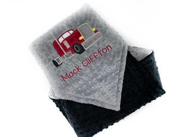 Minky Baby Blanket, Black Gray Minky, Red Semi Truck Design, Personalized Gift for Newborn, Embroidered Baby Blanket, Gift for Baby