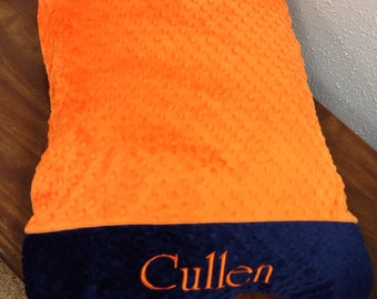 Personalized Pillowcase, Orange and Navy Minky, Embroidered Name, Choose Standard Toddler King or Queen