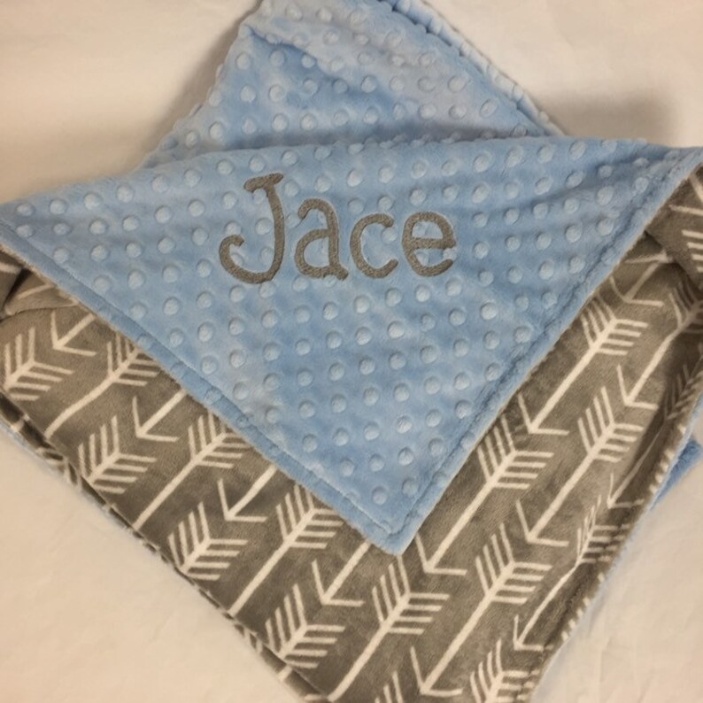 Grey and White Arrows and Baby Blue Minky Arrow Blanket Personalized Minky Blanket