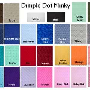 May include: A chart showing 24 different colors of Dimple Dot Minky fabric. The colors are arranged in four rows of six colors each. The colors include brown, latte, white, black, opal/mint, hunter green, navy, midnight blue, baby blue, electric blue, denim blue, silver, charcoal grey, teal, aruba, red, crimson, yellow sunshine, orange, coral, turquoise, purple, lavender, fuchsia, blush pink, baby pink, and dusty rose.