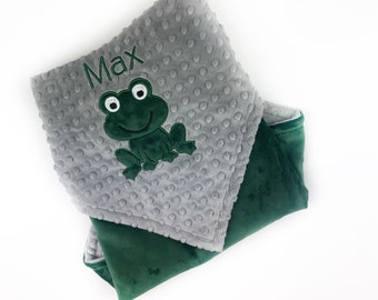 Frog Baby Blanket, Green and Gray Minky, Personalized with Name or Birth Stats, Plush Keepsake, Gift for Baby