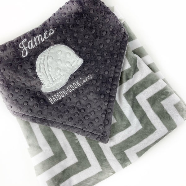 Minky Baby Blanket, Grey Chevron Minky with Charcoal Grey Dimple Dot, Hard Hat Appliqué Blanket