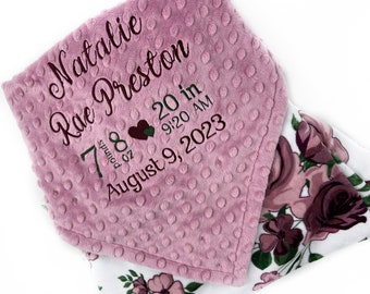 Baby Minky Blanket in Dusty Pink and Plum Purple Flowers and Personalized with Birth Stats or Name for Keepsake Gift