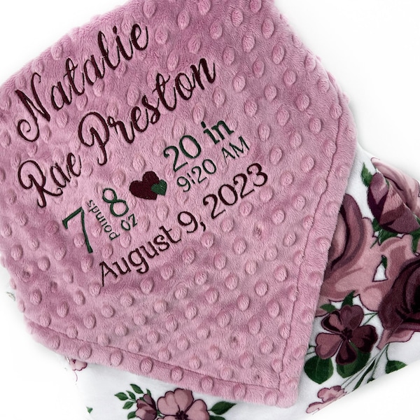 Baby Minky Blanket in Dusty Pink and Plum Purple Flowers and Personalized with Birth Stats or Name for Keepsake Gift