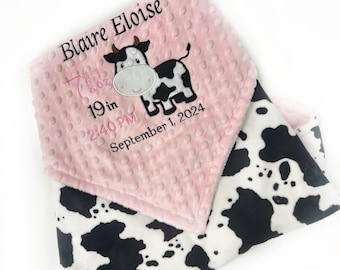 Personalized Baby Blanket in Pink Minky with Embroidered Birth Stats and Cow Applique, Keepsake Gift for Baby Girl, Dairy Farm Cow