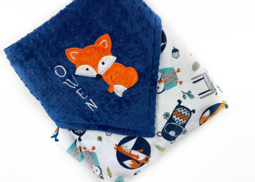 Personalized Baby Blanket, Gray and Navy Woodland Fox Owl Minky, Fox Applique, Birth Stats
