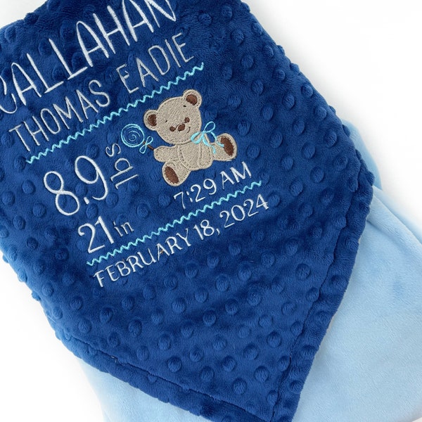 Personalized Baby Blanket, Blue Minky Blanket, Teddy Bear Birth Stats, Keepsake Gift for Baby Boy, Newborn Blanket, Welcome Gift for Newborn
