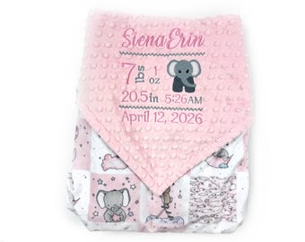 Personalized Baby Blanket in Pink Elephant Quilt Print Minky with Embroidered Birth Stats, Newborn Girl Gift