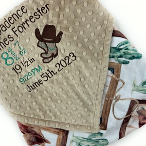Cowboy Baby Blanket, Birth Stats Blanket, Tan and Brown Minky, Personalized with Birth Stats, Cowboy Hat and Boots - Gift for Baby Boy