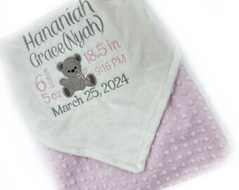 Ivory Baby Blanket, Teddy Bear Birth Design, Light Pink and Ivory Baby Blanket, Personalized Blanket, Baby Gift, Keepsake Gift for Baby Girl