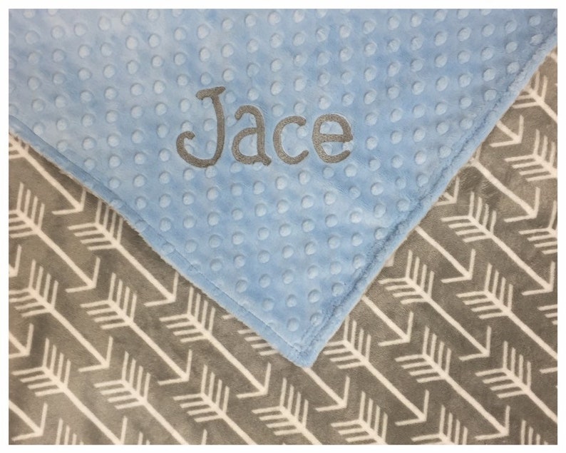 Grey and White Arrows and Baby Blue Minky Arrow Blanket Personalized Minky Blanket