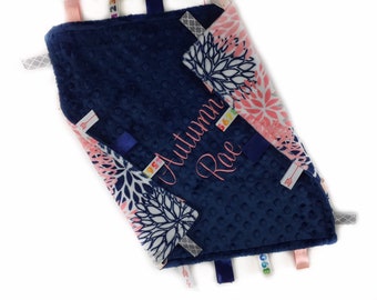 Personalized Tag Blanket, Navy and Coral Minky, Ribbon Tags, Sensory Lovey, Minky Tag Blanket, Shower Gift for Baby Girl, Welcome Baby Gift