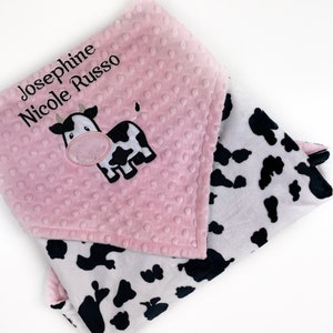 Personalized Baby Blanket, Blush Pink Minky, Black White Cow Print Minky, Name Blanket, Gift for Baby Shower, Blanket for Birthday Girl