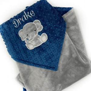 Custom Elephant Baby Blanket, Personalized Baby Gift for Boy, Elephant Baby Shower Gift, Elephant Nursery Decor Boy, Navy Minky Blanket