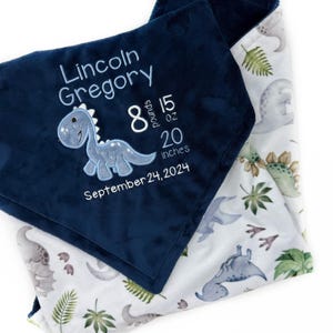 Dinosaur Minky Baby Blanket, Navy Blue Minky with Dinosaur Applique, Personalized Keepsake Gift, Embroidered Blanket for Baby Boy