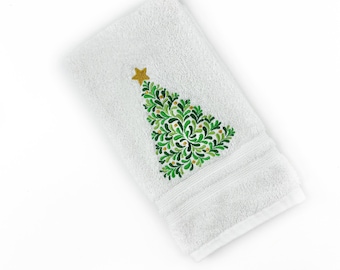 Embroidered Hand Towel - Christmas Tree Design - Kitchen or Bathroom Decorative Towel, Hostess Gift