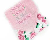 Baby Girl Blanket in Pink Roses Minky and Personalized with Name or Birth Stats a Keepsake Gift