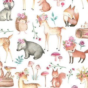 May include: A white background with a repeating pattern of watercolor illustrations of woodland animals wearing flower crowns. The animals include a deer, fox, badger, hedgehog, rabbit, and squirrel. There are also mushrooms and leaves in the pattern.