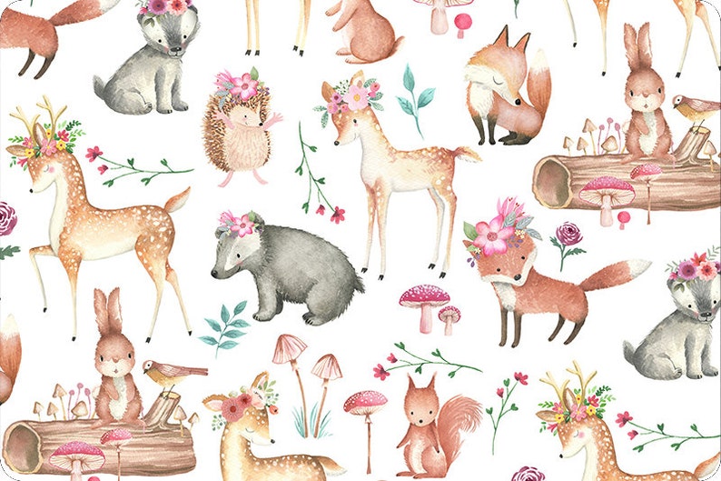 May include: A white background with a repeating pattern of watercolor illustrations of woodland animals wearing flower crowns. The animals include a deer, fox, badger, hedgehog, rabbit, and squirrel. There are also mushrooms and leaves in the pattern.