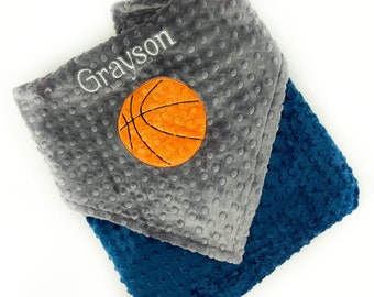 Personalized Blanket, Basketball Applique, Gray and Blue Minky, Embroidered Blanket, Choose Team Colors, Baby Boy Gift