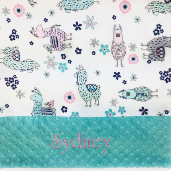 Personalized Minky Pillowcase with Llamas in Pink and Aqua choose Standard Toddler Queen or King