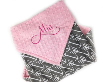 Personalized Baby Blanket, Pink and Gray Arrow Minky, Embroidered Blanket, Plush Gift for Baby Girl, Large Tag Blanket