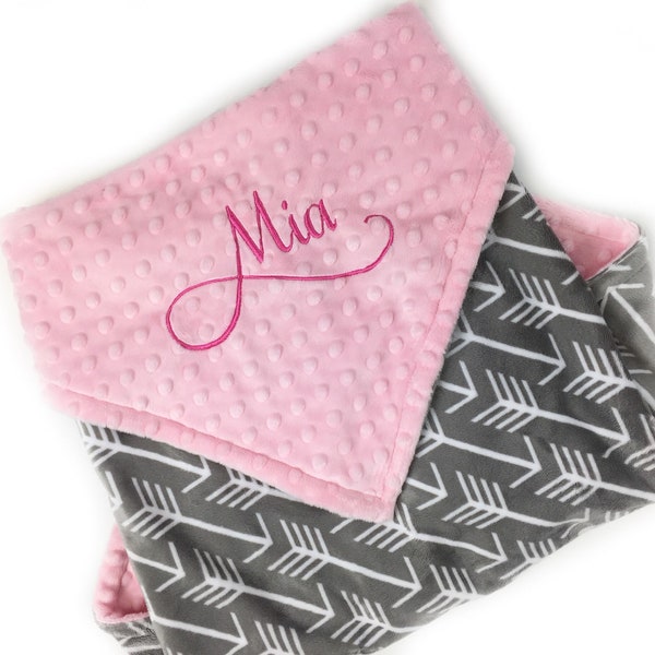 Personalized Baby Blanket, Pink and Gray Arrow Minky, Embroidered Blanket, Plush Gift for Baby Girl, Large Tag Blanket