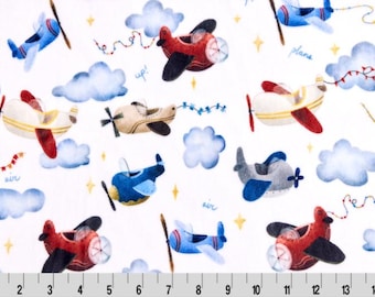 Sunny Skies Cuddle Minky Fabric: Shannon Fabrics Printed Airplanes in Blue & Red, Fabric by the Yard