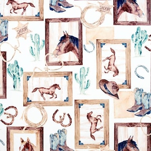 Cowboy Digital Cuddle Minky, Old West Natural in Brown and Tan, Horses, Hats and Boots, Shannon Fabrics, Minky Fabric by the Yard