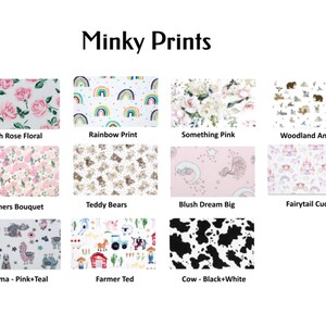 May include: A collage of 12 different minky fabric prints, each with a unique design. The prints include blush rose floral, rainbow print, something pink, woodland animals, mothers bouquet, teddy bears, blush dream big, fairytale cuddle, llama - pink + teal, farmer ted, cow - black + white.