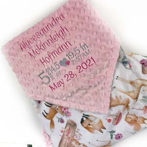 May include: Pink and white baby blanket with a minky dot pattern on one side and a woodland animal print on the other. The pink side is personalized with the name Alyeesaundra McKinnleigh Hoffman, birth date May 28, 2021, time 2:57 AM, weight 5 pounds 14.5 ounces, and length 19.5 inches.