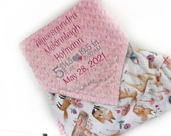 Baby Girl Blanket in Pink Woodland Animals Minky and Personalized with Name or Birth Stats a Keepsake Gift