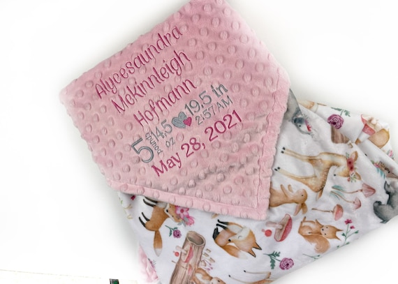Pink Baby Blanket with Woodland Animals, Personalized with Embroidered Name or Birth Stats, Keepsake Gift for Baby Girl