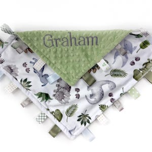 Personalized Dinosaur Minky Tag Blanket, Sage Green, Sensory Ribbon Lovey, Shower Gift for Baby, Embroidered Name