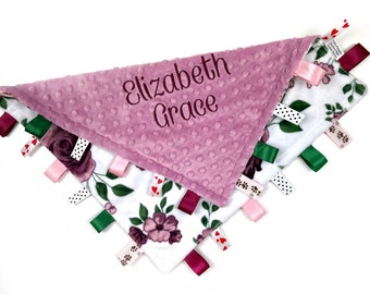Personalized Tag Blanket, Dusty Pink, Plum Minky, Lovey with Ribbon Tags, 15x15 inches, Keepsake Gift for Baby Girl, Sensory Lovey