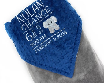 Personalized Minky Baby Blanket in Midnight Blue and Gray with Embroidered Elephant Design and Birth Stats,  Personalized Gift for Baby Boy