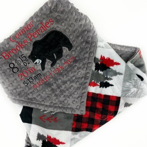 Personalized Minky Baby Blanket, Birth Stats Blanket, Bear Applique, Gray and Red Bear Moose Faux Quilt Design, Christmas Gift for Boys