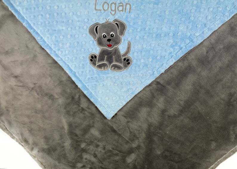 Personalized Minky Blanket With Puppy in Baby Blue and Gray Etsy