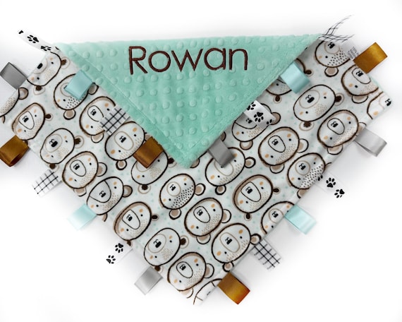 Personalized Tag Blanket in Teddy Bear and Aqua Minky, Sensory