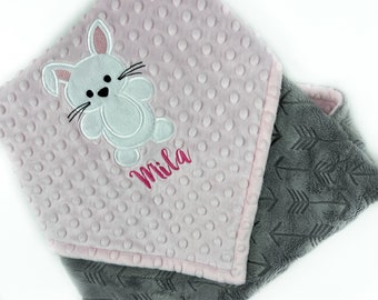 Pink Bunny Blanket, Personalized Blanket, Plush Minky Baby Blanket, Pink Gray Minky, Rabbit Blanket, Year of the Rabbit