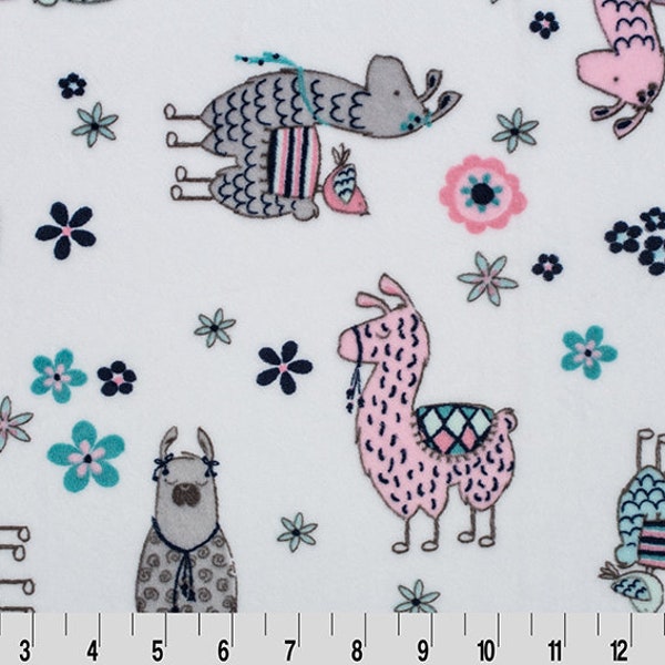 Minky Fabric, Llama  Printed Cuddle Minky in Pink, Teal and Gray by Shannon Fabrics, Minky Fabric by the Yard