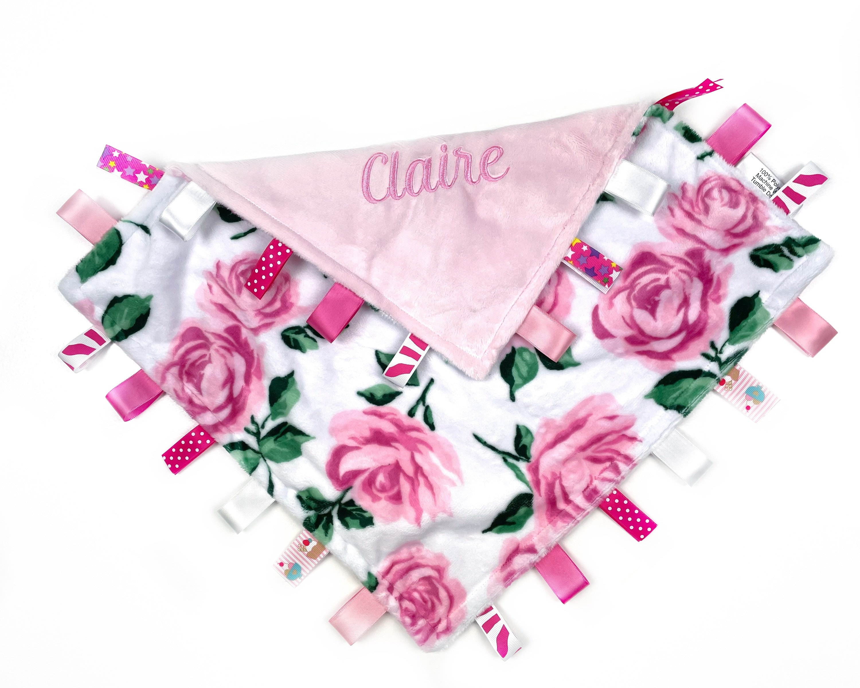 Personalized Tag Blanket in Pink and White Minky with Ribbons, Keepsake Baby Gift