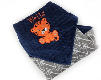 Tiger Baby Blanket in Navy and Gray Minky and Personalized with Name or Birth Stats, Gift for Baby Boy