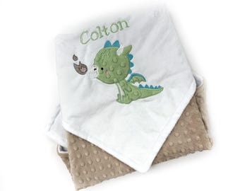 Personalized Baby Blanket in Tan and white Minky, Baby Dragon Applique, Embroidered Name, Keepsake Gift for Baby