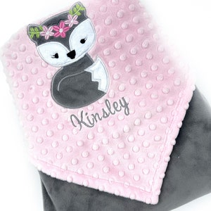 Fox Baby Blanket, Pink and Gray Minky, Embroidered Blanket, Personalized Name or Birth Stats, Baby Gift for Girls, Unique Baby Blanket