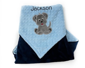 Personalized Minky Blanket in Blue and Navy, Puppy Applique, Plush Keepsake Gift for Baby Boy, Custom Blanket, Baby Shower Gift