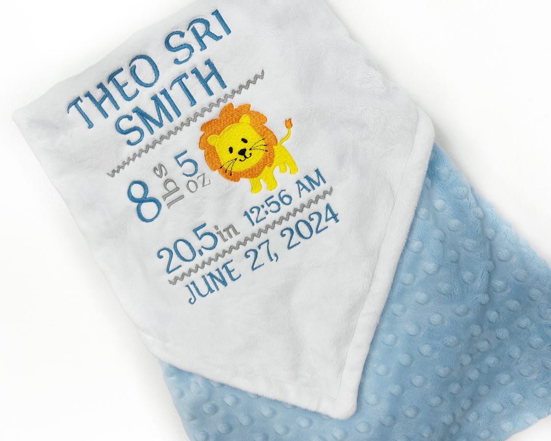 Personalized Lion Baby Blanket in Blue Zoo Jungle Minky, Birth Stats ...