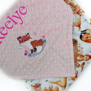Personalized Minky Baby Blanket, Pink and Gray, Woodland Animals with Fox and Flowers, Name Blanket, Newborn Gift