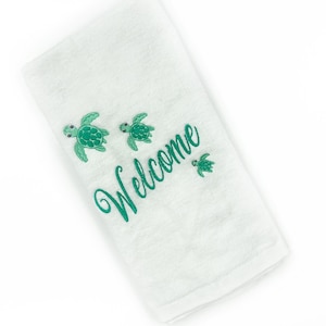 Embroidered Bathroom Hand Towels - Sea Turtle Design, Nautical Decor, Beach Bathroom Towel, Welcome Turtle Hand Towel, Housewarming Gift